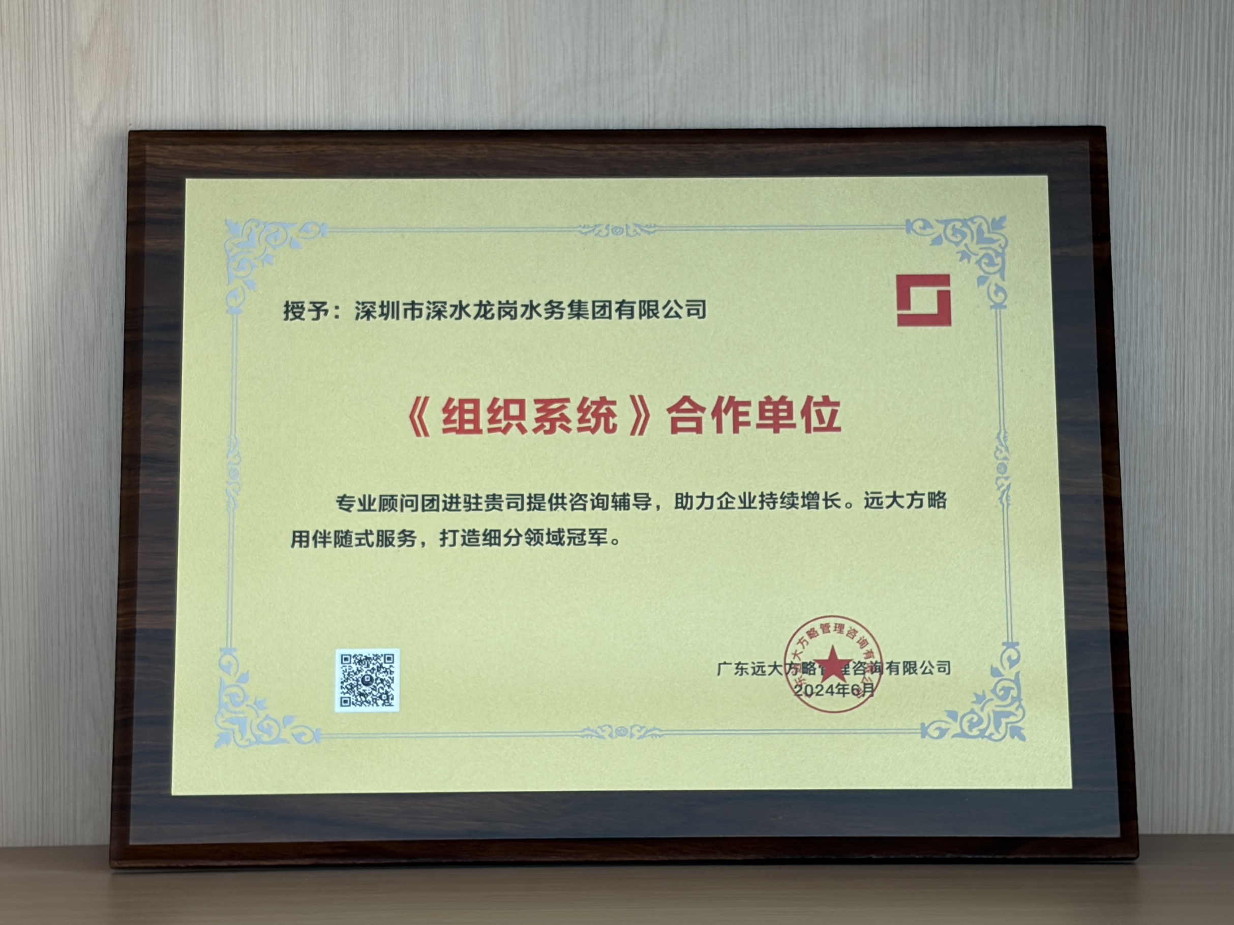 远大方略与深圳深水龙岗水务集团为《组织系统》合作单位