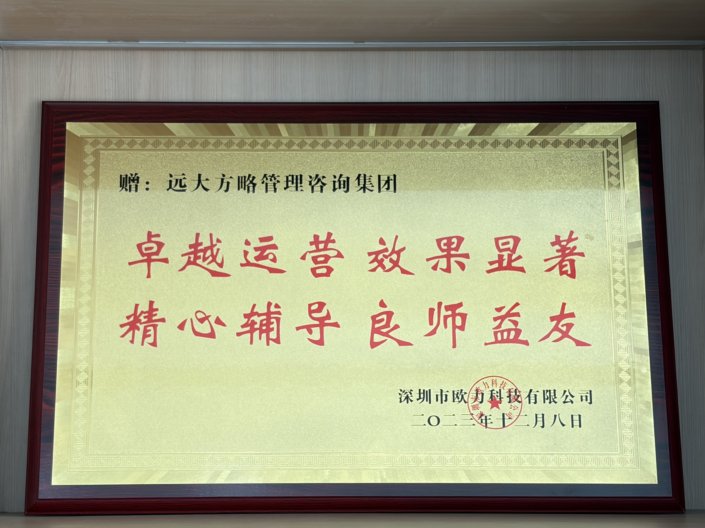 深圳市欧力科技有限公司赠予远大方略荣誉牌匾